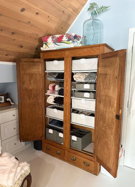 Turning an Antique Armoire into Clothing Storage Armoire Storage, Vintage Armoire, Folded Clothes, Clothes Drawer, Old Homes, Antique Armoire, Clothes Basket, Basket Shelves, Drawer Organisers