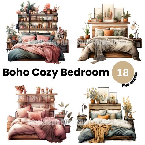 Boho Bedroom Set Up, Couple Bedroom Color Ideas, Bedroom Clipart, Adult Women Bedroom Ideas Decor, Small Bedroom Decor Ideas For Women, Boho Junk Journal, Cozy Window Seat, Bedroom Decor For Women, Clipart Vintage