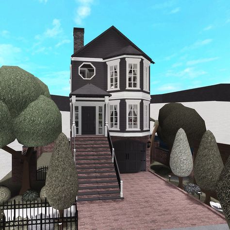 Bloxburg Cliffside House, Bloxburg Townhouse Layout, Bloxburg Town Houses, Bloxburg Townhouse, Bloxburg Garage, Bloxburg Neighborhood, Bloxburg Cottage, Bloxburg Town, Three Story House