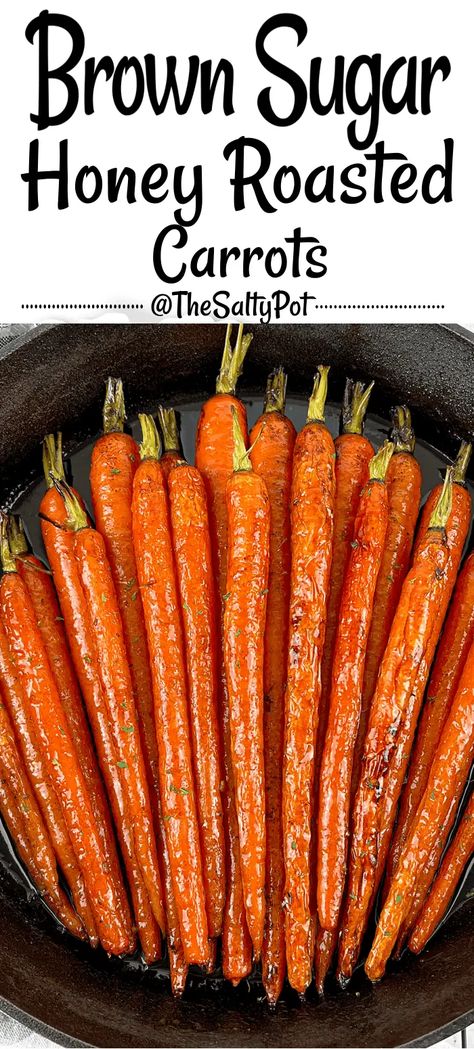 This Brown sugar Honey Glazed Carrots recipe comes together in less than 10 minutes with the oven doing most of the heavy lifting after that. These roasted carrots pair beautifully with almost any main dish making it a perfect vegetable side dish for a weeknight dinner or the holiday table. Brown Sugar Honey Glazed Carrots, Baked Carrots Recipe, Roasted Whole Carrots, Roasted Glazed Carrots, Brown Sugar Roasted Carrots, Brown Sugar Honey Glaze, Honey Glazed Carrots Recipe, Honey Glazed Roasted Carrots, Oven Roasted Carrots