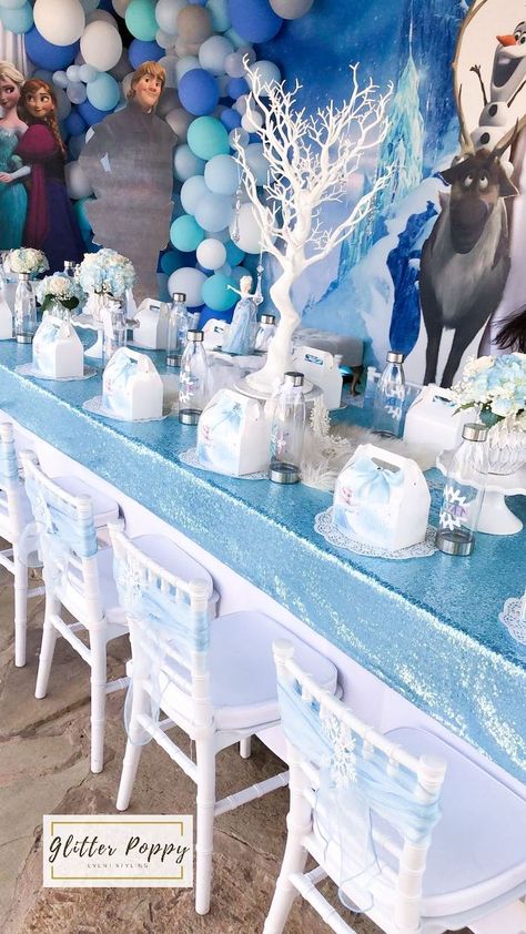 Frozen Themed Guest Table from a Frozen Birthday Party on Kara's Party Ideas | KarasPartyIdeas.com (25) Frozen Backdrop, Frozen Birthday Decorations, Frozen 3rd Birthday, Frozen Themed Birthday Cake, Frozen Birthday Party Decorations, 4de Verjaardag, Elsa Birthday Party, Frozen Bday Party, Frozen Party Decorations