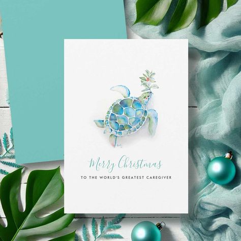 Watercolor Sea Turtle Christmas Caregiver Card Tropical Christmas Cards, Beach Christmas Card, Watercolor Sea Turtle, Watercolor Holiday Cards, Sea Turtle Watercolor, Turtle Watercolor, Christmas Note Cards, Beachy Christmas, Christmas Note