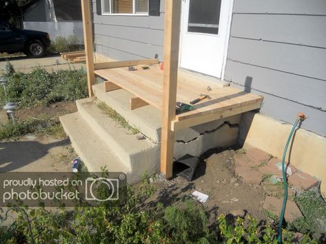 Deck Over Concrete, Concrete Front Steps, How To Build A Porch, Concrete Front Porch, Front Porch Deck, Porch Stairs, Front Porch Steps, Front Stairs, Front Porch Makeover