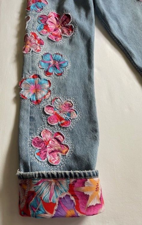 Upcycled Unisex Levi 501 32W 32L Denim Unique One Original Art Jeans Hippie Music Festival Bohemian 1970 Vibe Patched Flower Hand Embroidery - Etsy Diy Jean Bottoms, Patch Work Pants Outfits, Creative Jeans Ideas Diy Fashion, Shashiko Embroidery Denim, Painting Denim Jeans, Upcycled Kids Clothes, Denim Embroidery Ideas, Patchwork On Jeans, Hand Sewing Ideas