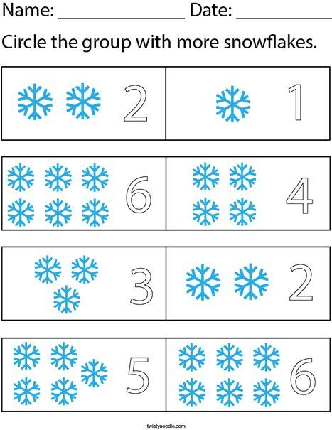 Circle the group that has more snowflakes Math Worksheet - Twisty Noodle Snowflake Activities, Holiday Worksheets, Twisty Noodle, Comparing Numbers, Winter Ideas, Math Worksheet, Preschool Math, Preschool Worksheets, Math Worksheets