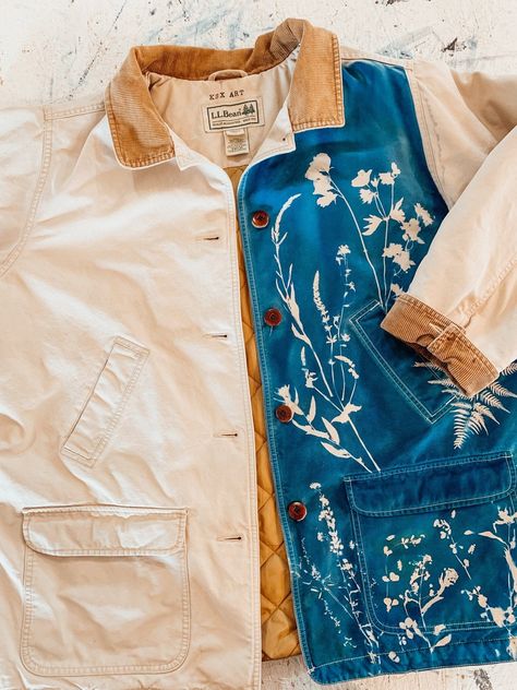 Brilliant Botanical Cyanotypes Adorn Kellie Swanson's Upcycled Garments — Colossal Cyanotype Clothing, Cyanotype Ideas, Fox Fur Jacket, Field Coat, Make Your Own Clothes, Visual Culture, Fox Fur Coat, Upcycle Clothes, Diy Clothes