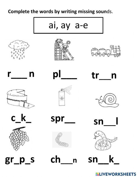 Ay Sound Worksheets, Long A Sound Worksheets, Teacher Worksheets Printables, Ay Worksheets, Long A Worksheets, Spell Worksheet, Ay Phonics, Phonics Blends Worksheets, Phonics Worksheets Grade 1