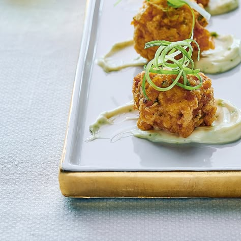 Shrimp Fritters with Lime Mayonnaise | RICARDO Seafood Starter, Prawn Starters, Restaurant Food Ideas, Prawn Fritters, Shrimp Fritters, Savoury Bites, High Wine, Summer Appetizers, Shrimp Scallops