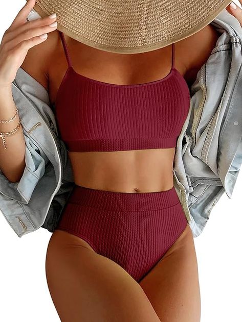 Lilosy High Waisted Tummy Control Ribbed Bikini Crop Top Brazilian Swimsuit Set 2 Piece Brazilian Swimsuit, Crop Top Swimsuit, Bra Types, Swimsuit Set, Vacation Mode, Wireless Bra, Chest Pad, Shoes Jewelry, 2 Piece