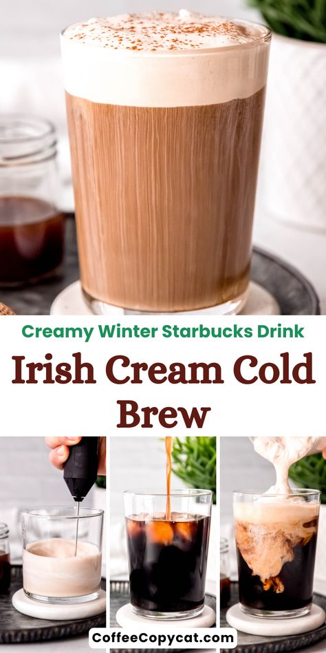 Recreate the magic of this popular Starbucks winter drink at home with my Irish Cream Cold Brew copycat recipe. Indulge in this deliciously creamy, perfectly sweet, with flavors of Irish cream cold brew coffee. Skip the queues at the coffee shop and save some money by making this popular Starbucks winter drink at home. Give it a try today! #irishcreamcoldbrew #starbuckswinterdrinks Irish Cream Cold Brew Starbucks, Irish Cream Cold Brew, Oatmeal Protein Cookies, Cream Cold Brew, Cinnamon Dolce Latte, Cold Brew Coffee Recipe, Cold Brew Recipe, Winter Drink, Copycat Starbucks Recipes