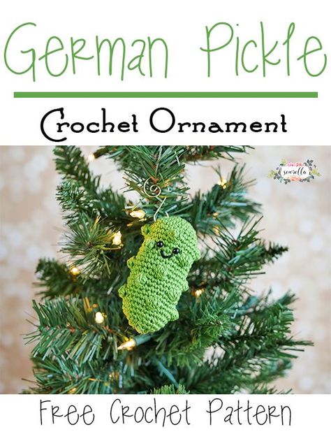 German Pickle Crochet Ornament | 25 Days of Christmas Traditions Crochet-a-Long | Free Pattern from Sewrella Pickle Ornament, Christmas Pickle, Crochet Xmas, Crochet Christmas Decorations, 25 Days Of Christmas, Crochet Ornaments, Crochet Food, Holiday Crochet, Crochet Christmas Ornaments