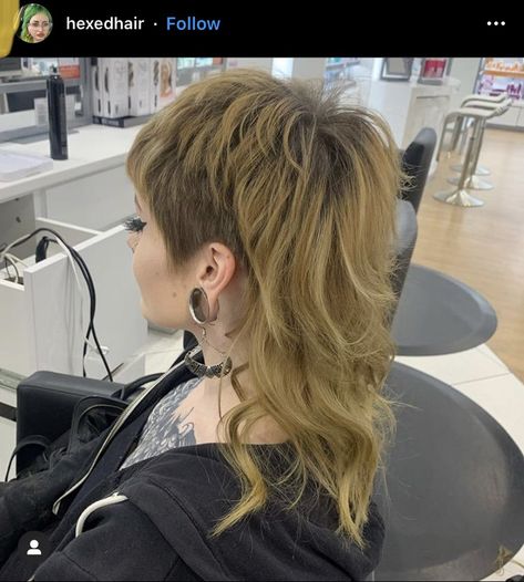 Punk alt womens modern mullet She Mullet Shag, Mullet Short Sides Woman, Medium Shag With Undercut, Shaved Side Burn Women, Mylie Cyrus Hair Mullet, Mullets With Shaved Sides, Punk Haircut Women, Mullet With Shaved Sides Women, Punk Rock Mullet