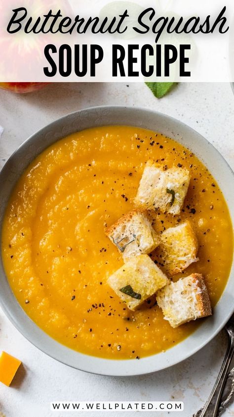 The best butternut squash soup recipe for fall! It's easy to make, so creamy and cozy, with the perfect balance of sweet and savory flavor. Butternut Squash Side Dish, Recipe With Apples, Butternut Squash Apple Soup, Best Butternut Squash Soup, Vegan Potato Soup, Pumpkin Pasta Sauce, Butternut Squash Soup Recipe, Recipe For Fall, Butternut Soup