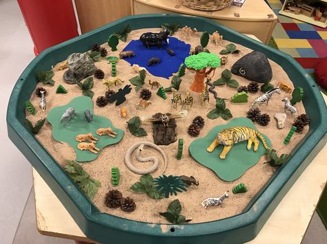 Safari themed tuff spot Sand Tray Ideas Eyfs Activities, Jungle Themed Tuff Tray, Africa Tuff Tray, Dear Zoo Activities Eyfs Tuff Tray, Sand Tray Ideas Eyfs, Dear Zoo Sensory Tray, Africa Activities For Kids, Dinosaur Tuff Tray Small World Play, Safari Small World Play