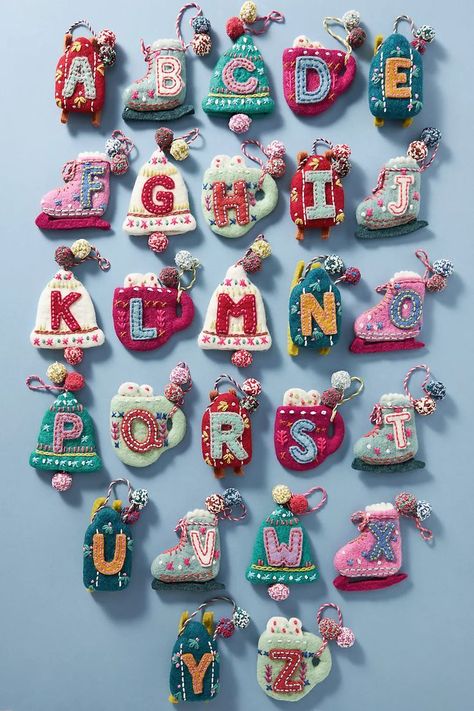 Anthropologie Christmas decor Anthropologie Christmas Decor, Anthropologie Ornaments, Christmas Card Diy, Felt Advent Calendar, Christmas Fair Ideas, Anthropologie Christmas, Anthropologie Holiday, Letter Ornaments, Felt Crafts Christmas