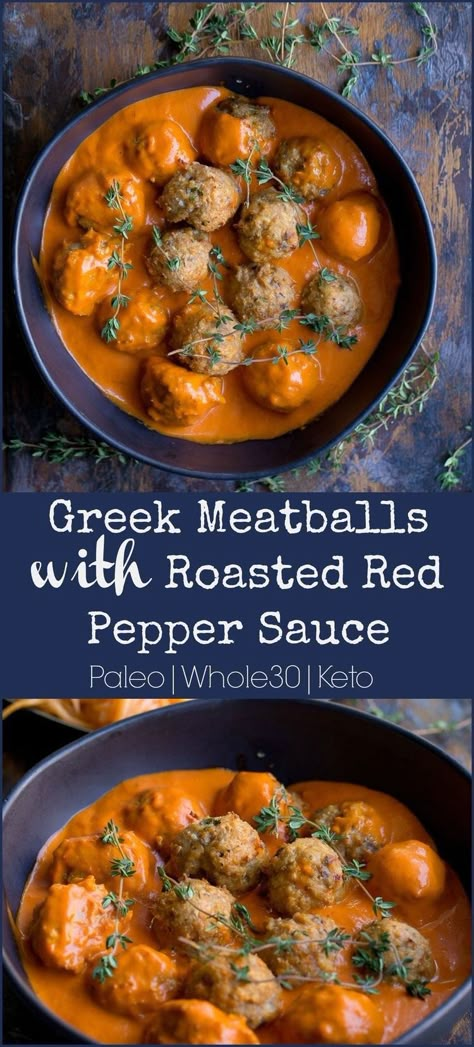 Greek Turkey Meatballs, Mediterranean Diet Recipes Dinners, Turkey Meatballs Baked, Greek Meatballs, Roasted Red Pepper Sauce, Easy Mediterranean Diet Recipes, Red Pepper Sauce, Baked Turkey, Roasted Red Pepper