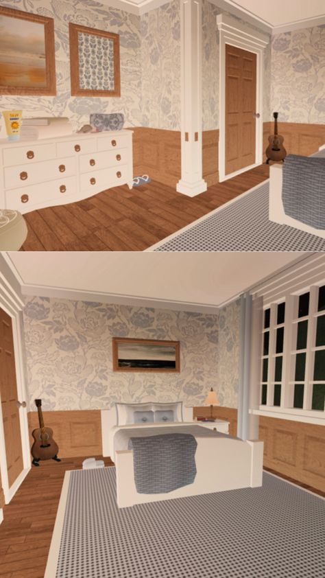 A bloxburg coastal grandaughter bedroom with floral, blue and beach vibes. Coastal Beach House Interiors, Beach House Layout, Bloxburg Beach House, Costal Bedroom, Beach House Flooring, Beach House Room, Blocksburg Room Ideas￼, Beach House Bedroom, House Decorating Ideas Apartments