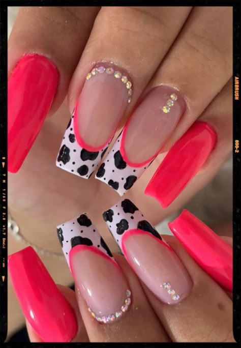 Pink Cow Nail Designs, Colored Cow Print Nails, Acrylic Nails With Rhinestones Short, How To Do Cow Print Nails, Hot Pink And Cow Print Nails, Rhinestone Summer Nails, Cute Nails Cow Print, Neon Cow Print Nails, Cow Print Pink Nails