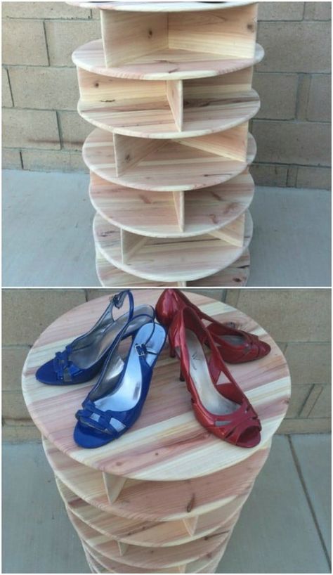 Diy Shoe Racks, Outdoor Shoe Storage, Spinning Shoe Rack, Shoe Carousel, Pallet Shoe Rack, Shoe Organization Diy, Diy Bank, Shoe Storage Small Space, Diy Rack