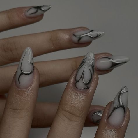 @klawsbykaylana on ig Alt Nail Inspo Almond, Billie Eilish Themed Nails, Almond Nails Edgy, Winter Nails Oval, White Goth Nails, Billie Eilish Nails Ideas, Nail Inspo Almond Winter, Chase Atlantic Nails, Billie Eilish Nails Design