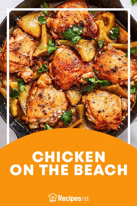 95 mins. · Serves 4 · Enjoy the summer breeze with this absolutely delicious Chicken on the Beach recipe! We guarantee that it is going to be a picnic hit. Beach Chicken Recipes, Beach Eats Easy Recipes, Easy Meals To Make At The Beach, V-neck Beach Dress For Beach Season, Beachbody Chicken Recipes, Chicken On The Beach Recipe, Chicken On The Beach, Skillet Recipes, Beach Meals