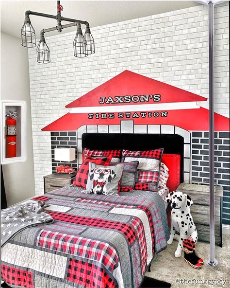 Firefighter Room Decor, Firetruck Bedroom Ideas, Fire Truck Bedroom Ideas, Fire Truck Themed Bedroom, Fire Station Bedroom, Fire Truck Room Ideas Little Boys, Fire Truck Nursery Ideas, Firetruck Bedroom Boys, Fireman Bedroom