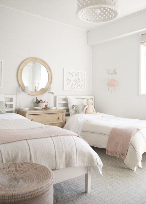 Spare Bedroom With Twin Beds, 2 Bed 1 Room Ideas, White Twin Bed Girls Room, White Childrens Bedroom, White Twin Bedroom Ideas, 2 Twins In One Room, 2 Beds Girls Room, Girls Room With Twin Beds, Room Ideas For Two Beds