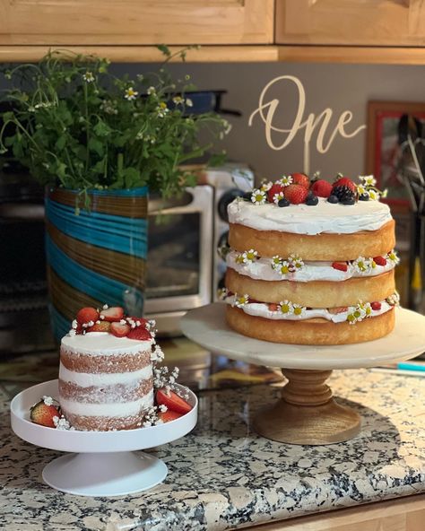 Sweet One Cake Strawberry, Strawberry Shortcake Cake Smash, Simple Strawberry Smash Cake, First Birthday Cake Fruit, Naked Strawberry Birthday Cake, Strawberry Shortcake For Birthday, Smash Cake With Strawberries, Strawberry Shortcake Decoration Ideas, Berry First Birthday Cake Table