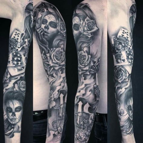 The Day of the Dead or Dia de los Muertos sleeve by Growink Dia De Los Muertos Tattoo Ideas Sleeve, Dia De Los Muertos Tattoo Ideas Men, The Day Of The Dead, Day Of The Dead, Girl Face, The Dead, I Tattoo, Tattoos For Guys, Tattoo Ideas