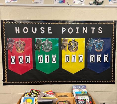 Our new classroom management system in gifted class #housepoints #hp #harrypotter | Instagram House Points Bulletin Board, House System Bulletin Board Ideas, Ron Clark House System Bulletin Boards, Ron Clark House System Ideas, House Points Display School, House System In Elementary School, House Chart Ideas For Classroom, Ron Clark House System, Ron Clark Classroom