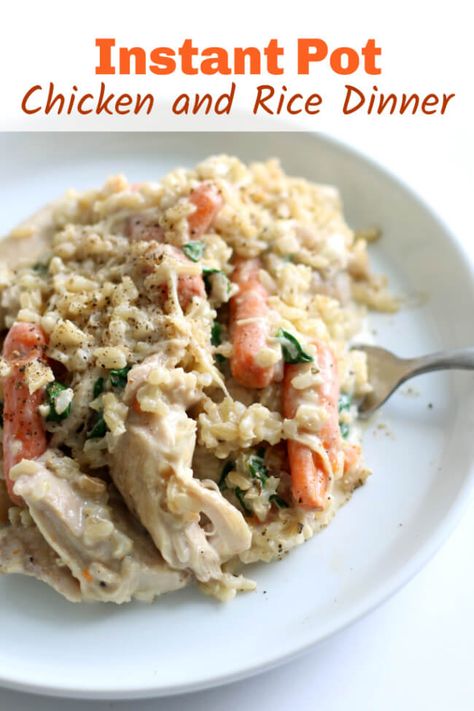 Instant Pot Creamy Chicken Rice Dinner—a simple chicken and rice dinner with carrots and spinach. It’s creamy but doesn’t have any “cream of” soups in it and takes just a few minutes to dump everything in and go. #instantpot #instapot #pressurecooker #chicken #rice #dumpandgo #onepotmeal Dinner With Carrots, Simple Chicken And Rice, Chicken Rice Dinner, Creamy Chicken Rice, Chicken And Rice Dinner, Slow Cooker Creamy Chicken, Creamy Chicken And Rice, Rice Recipes For Dinner, Rice Dinner