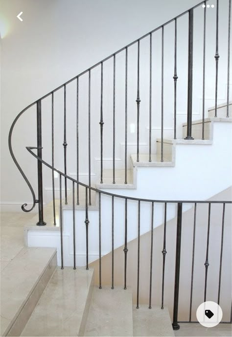 Wood And Metal Stair Railing Iron Balusters, Exterior Handrail, Iron Balcony Railing, Metal Stair Railing, Interior Stair Railing, Wrought Iron Stair Railing, Wrought Iron Handrail, Interior Railings, Staircase Design Modern