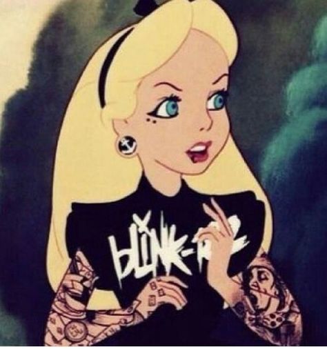 Punk alice Emo Disney Princess, Punk Disney Characters, Gothic Disney Princesses, Disney Gone Bad, Emo Disney, Punk Disney Princess, Goth Disney Princesses, Goth Disney, Tattoo Disney