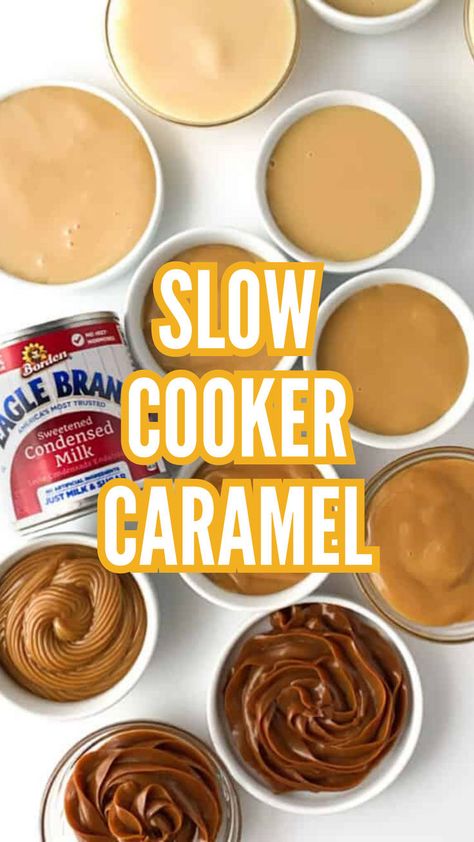 Did you know you can make dulce de leche in the slow cooker? This slow cooker dulce de leche recipe (aka crockpot caramel) is SO easy and makes a delicious spreadable caramel sauce that you can use as a caramel filling for cake, dulce de leche cookie filling or easy dulce de leche dip. This blog posts offers multiple cook times for this slow cooker caramel depending on how what you want to use it for! Caramel Sauce In Crockpot, Caramel Sauce Canning Recipe, Homemade Caramel Sauce Crockpot, Homemade Canned Caramel Sauce, Condensed Milk To Caramel, Crock Pot Caramel Sauce, How To Make Caramel Out Of Sweetened Condensed Milk, Homemade Caramel Sauce Condensed Milk, Caramel Sauce Recipe With Condensed Milk