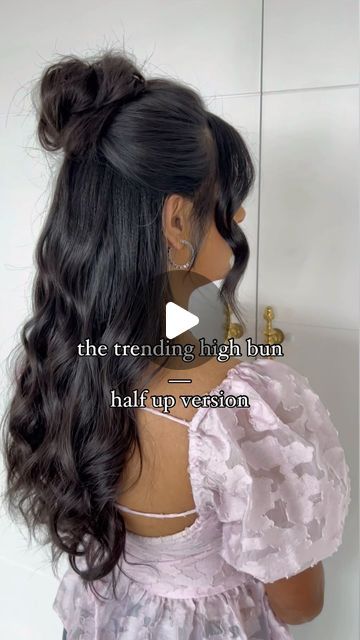 KIRA MCCLENAGHAN on Instagram: "Putting my lil spin on the viral high bun with this half up version 🩷  Products Used @designmehair PUFF.ME volumizing powder + dry texture spray and HOLD.ME three-way hairspray   Enjoy, my KWEENS!   #DMcollab #hairreels #bridalhairstyle #bridalhaireducation #hairvideos" Half Bun With Curls, Half Up High Bun, Long Hair Half Up Half Down Bun, High Bun Half Up Half Down, Wedding Shower Hair, Half Up Hairstyles For Long Hair Formal, Half Up Half Down Wedding Hair Bun, Half Up Bun Half Down Hair, Bride Half Up Half Down