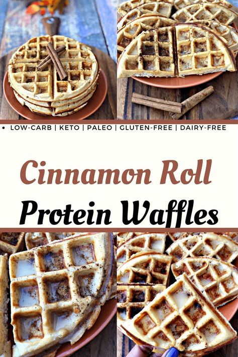 Easy Low-Carb Gluten-Free Cinnamon Roll Protein Waffles is a healthy keto, paleo, dairy-free, recipe that is quick to make using coconut flour and vegan butter. #Paleo #PaleoDiet #DairyFree #DairyFreeRecipes #Vegan #VeganRecipes #Protein #ProteinBreakfast Kodiak Carb Conscious Recipes, Dairy Free Low Carb Recipes, Waffles Cinnamon, Healthy Cinnamon Rolls, Keto Waffles, Cinnamon Roll Waffles, Keto Breakfasts, Dairy Free Low Carb, Waffle Maker Recipes