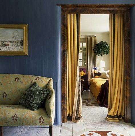 Van Deusen Blue, Navy Blue Paint Colors, Drapes And Curtains, Navy Blue Paint, Painted Floor, Blue Paint Colors, House Beautiful, Painted Floors, A Living Room