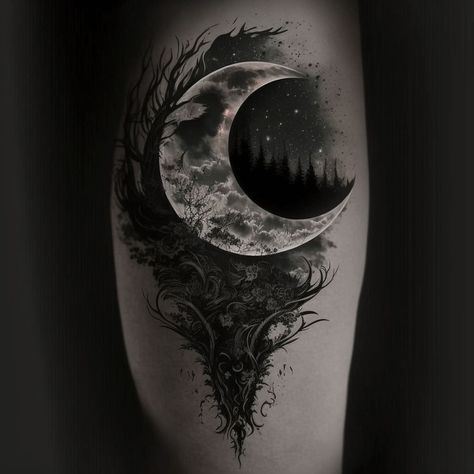 Moon Sleeve Tattoo Men, Shoulder Tattoo Cover Up For Women, Moon Witch Tattoo, Celestial Sleeve Tattoo, Moonlight Tattoo, Star Sleeve Tattoo, Fearless Tattoo, Half Moon Tattoo, Cover Up Tattoos For Women