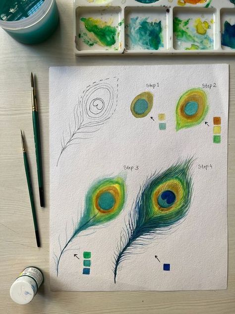 Peacock Feather Print, Feather Drawing, Hobby Ideas, Acrylic Colours, Peacock Painting, Feather Painting, Book Art Diy, Easy Drawing, Feather Print