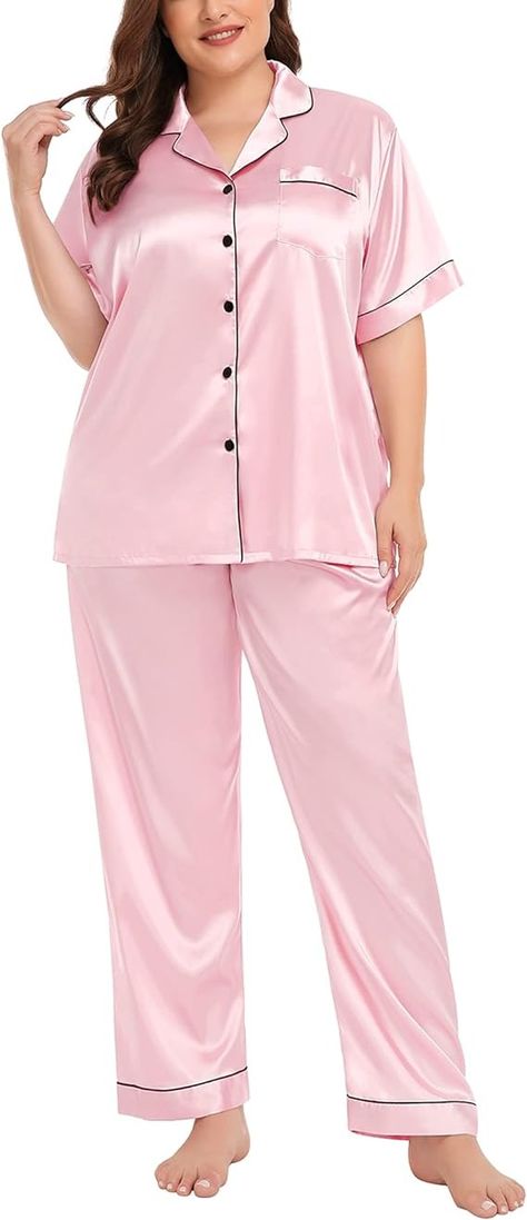 SWOMOG Satin Pjs for Women Plus Size Pj Set Summer Pajamas Smooth and Soft Pajama Set Comfy Nightwear 24W Rose Red at Amazon Women’s Clothing store Comfy Nightwear, Pjs For Women, Pants Pjs, Female Gifts, Pajamas Silk, Satin Pjs, Satin Pj Set, Satin Pajama Set, Plus Size Pajamas