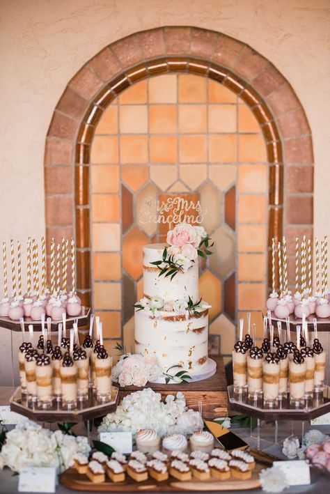 Wedding Cake Sweets Table, Wedding Dessert Table With Cake, Deserts For Weddings Dessert Tables, Wedding Cakes With Cake Pops, Wedding Desert Table Decor, Elegant Desert Table Ideas, Wedding Cake With Dessert Table, Wedding Dessert Table Layout, Cake Pop Dessert Table