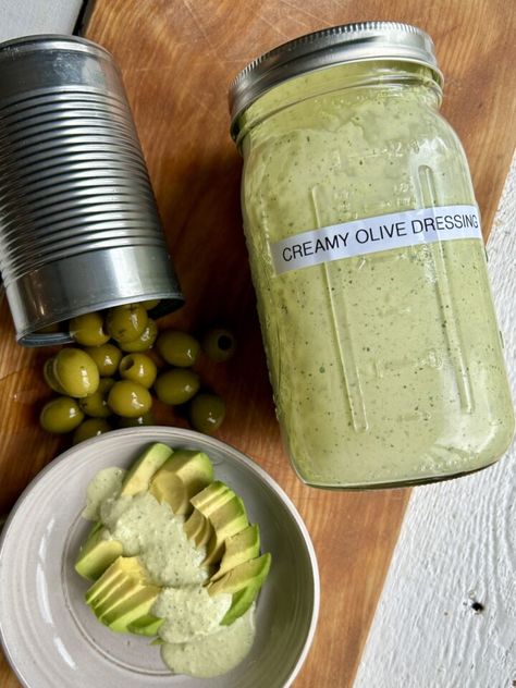 A Delicious Creamy Garlic Dressing With The Best California Olives @nocrumbsleft Creamy Olive Dressing Recipe, Olive Salad Dressing, Green Olive Salad Dressing, No Crumbs Left Creamy Olive Garlic Dressing, Green Olive Dressing, Creamy Olive Dressing, Creamy Garlic California Olive Dressing, Creamy Garlic Olive Dressing, Mediterranean Sauces Recipes