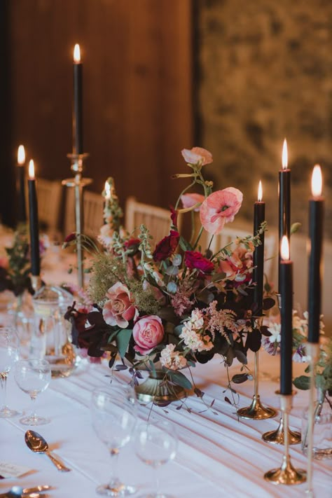 This Cliffs of Moher Wedding Ended with a Luxe Pub Dinner You Have to See | Junebug Weddings Moody Jewel Tone Wedding, Shanna Skidmore, Moody Jewel Tone, Moody Tablescape, Moody Wedding Flowers, Moody Wedding Decor, Jewel Tone Wedding, Moon Wedding, Dark Wedding