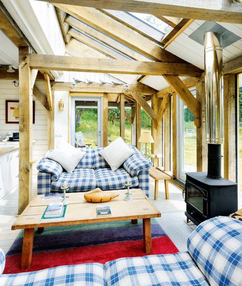 A beautiful self-build guest house in Argyll designed by architect Roderick James. The oak frame and timber clad home is a prototype for 'expandable' living Timber Frame Extension, Extension Veranda, Oak Framed Extensions, Cottage Extension, Oak Frame House, Garden Room Extensions, Room Extensions, Glass Extension, Timber Frame Homes