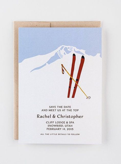 Ski-Themed Save the Dates | Brides Ski Wedding Invitations, Bridal Dinner, Ski Utah, Ski Wedding, Mountain Wedding Invitations, Utah Skiing, Reception Dresses, 2015 Wedding, Dresses Beach