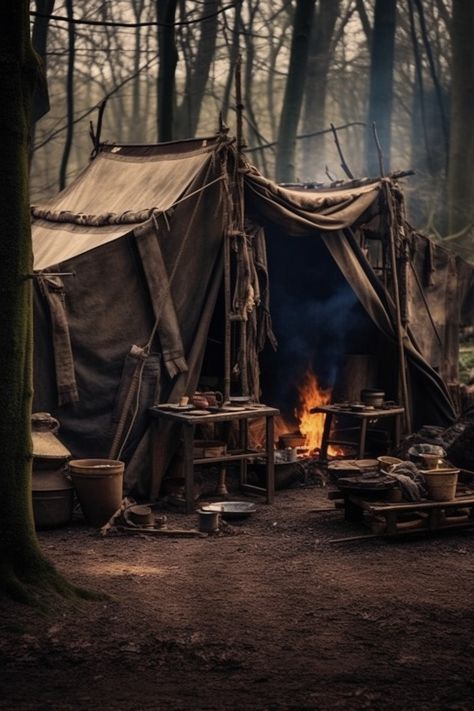 Warrior Camp Aesthetic, Apocalypse Camp Aesthetic, Medieval Bandit Aesthetic, Female Indiana Jones Aesthetic, Medieval Hunter Aesthetic, Training Camp Aesthetic, Fantasy Camp Aesthetic, Summer Camp Buildings, Commune Aesthetic