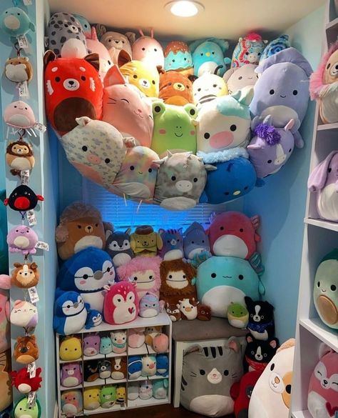 Where To Store Squishmallows, Stuff Animal Collection, Squishmellow Display, Plushie Collection Aesthetic, Plushie Organization Ideas, Squishmallow Organization Ideas, Plushie Collection Display, Squishmallow Storage Ideas, Squishmallows Room