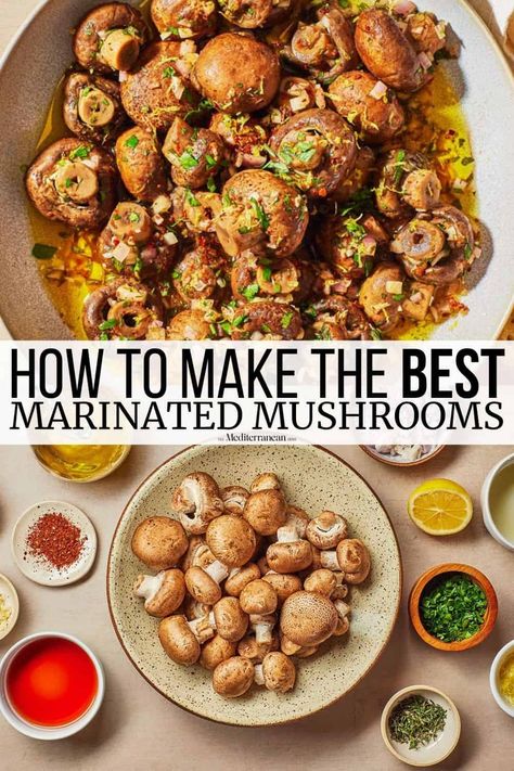 Teriyaki Marinated Mushrooms, Marinated Portobello Mushrooms, Marinated Mushrooms Recipe, Marinated Veggies, Greek Goodness, Appetizer Healthy, Vegan Bites, Mushrooms Recipes, Mushroom Side Dishes