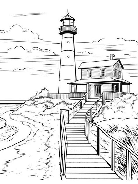 Draw Lighthouse, Lighthouse Coloring Pages, Traceable Drawings, Windmill Drawing, Lighthouse Quilt, Lighthouse Sketch, فنسنت فان جوخ, Lighthouse Drawing, Pencil Drawings Of Animals