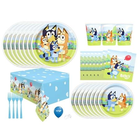 Join Bluey, Bingo, Bandit and Chilli in throwing a fun birthday party! The Bluey birthday party supplies kit contains everything you need for easy setup and takedown. This Bluey party supplies pack includes disposable dinnerware that goes well with other Bluey decorations. Great for boys birthday parties or girl birthday parties. Size: Table Set for 8.  Color: Blue.